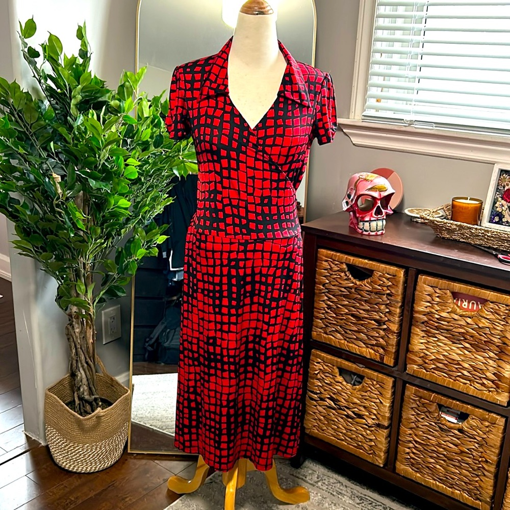 Le Château Red & Black Collared Wrap-Style Midi Dress